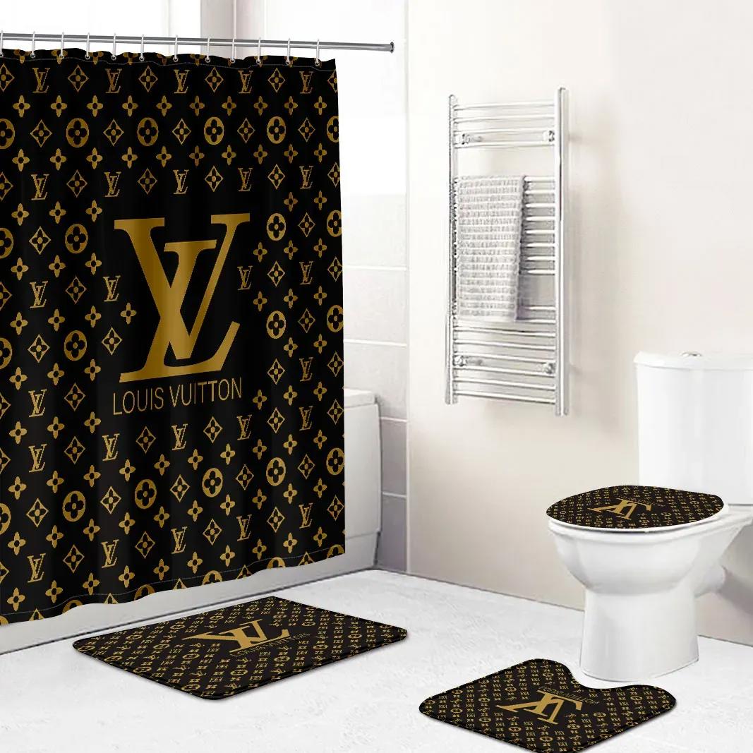 Shower curtains louis vitton brown and gold yellow logo full bathroom sets 388 Bathroom Set
