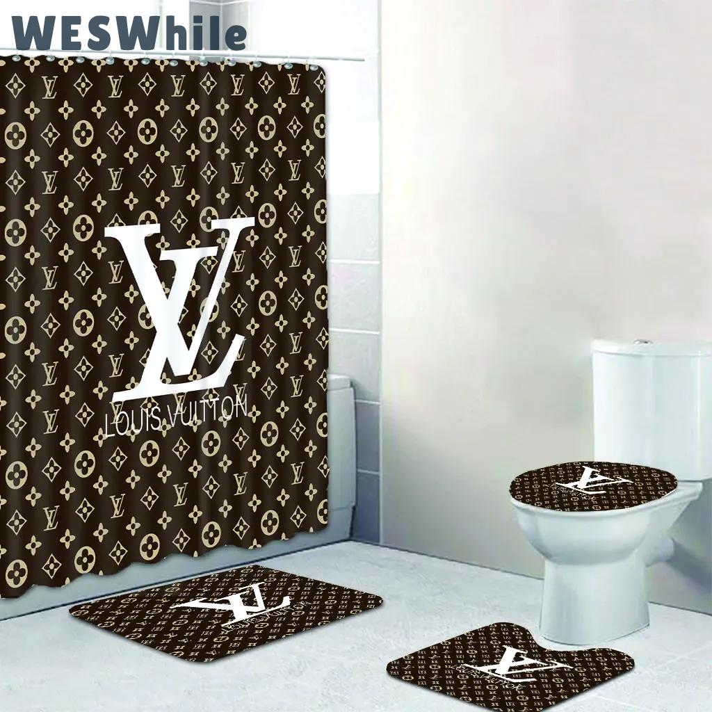 Shower curtains louis vitton brown white logo full bathroom sets 392 Bathroom Set