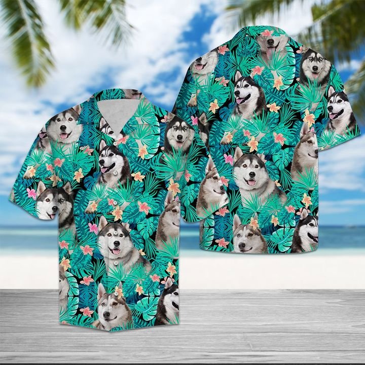Siberian husky tropical hawaiian shirt summer button up Hawaii Shirt Shorts & Flip Flops