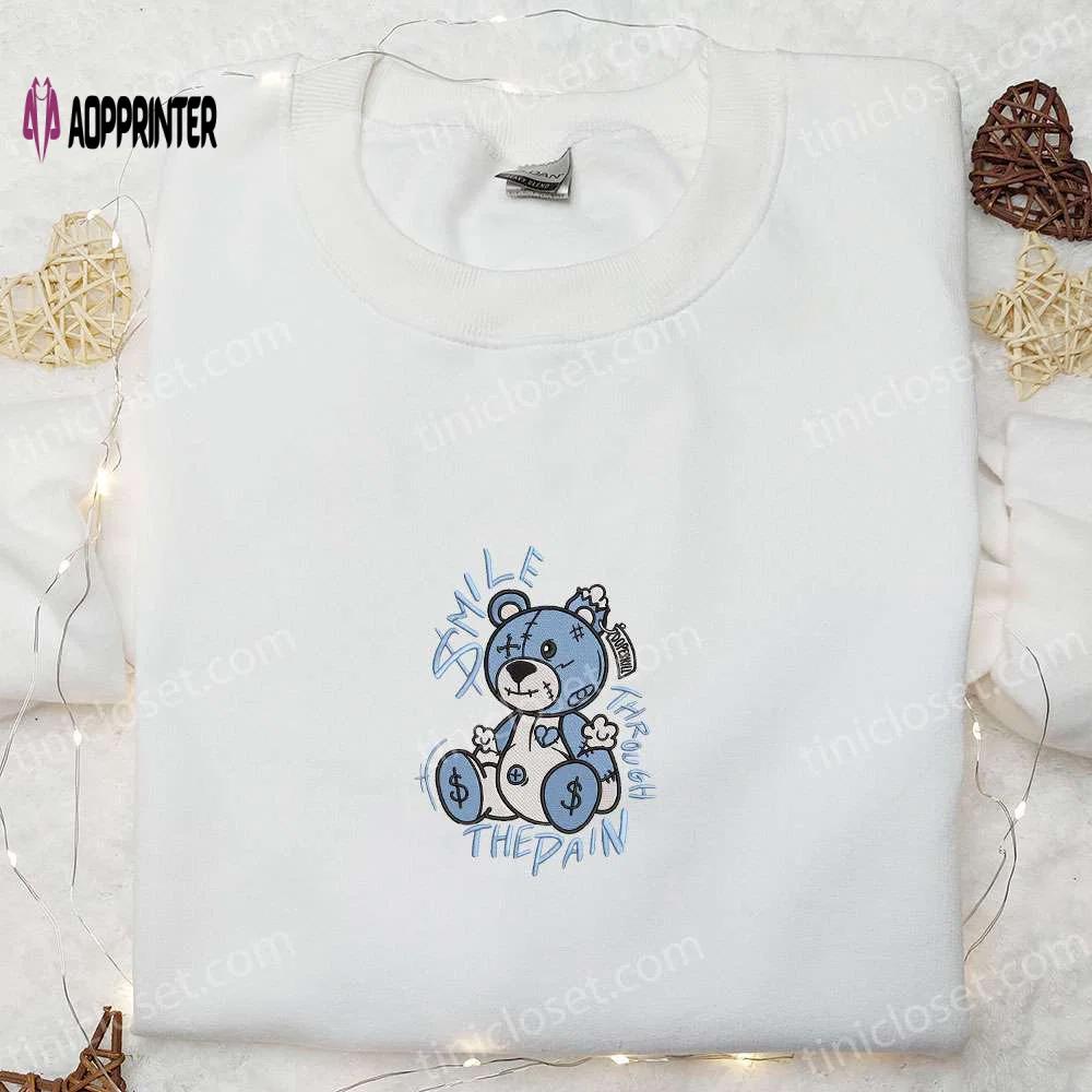 Smile through the pain blue bear embroidered shirt – cool & best gifts for family Embroidered Shirt