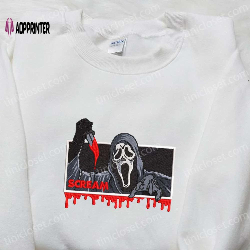 Spooky ghostface scream embroidered sweatshirt – shop spirit halloween t-shirts & spooky shirts Embroidered Shirt