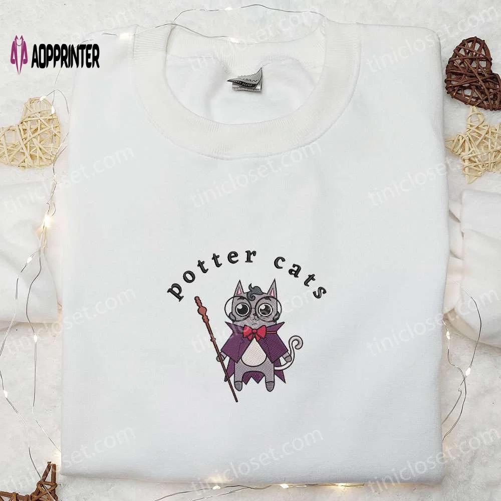 Spooky halloween potter cats embroidered shirt – adorable & stylish halloween cat design Embroidered Shirt