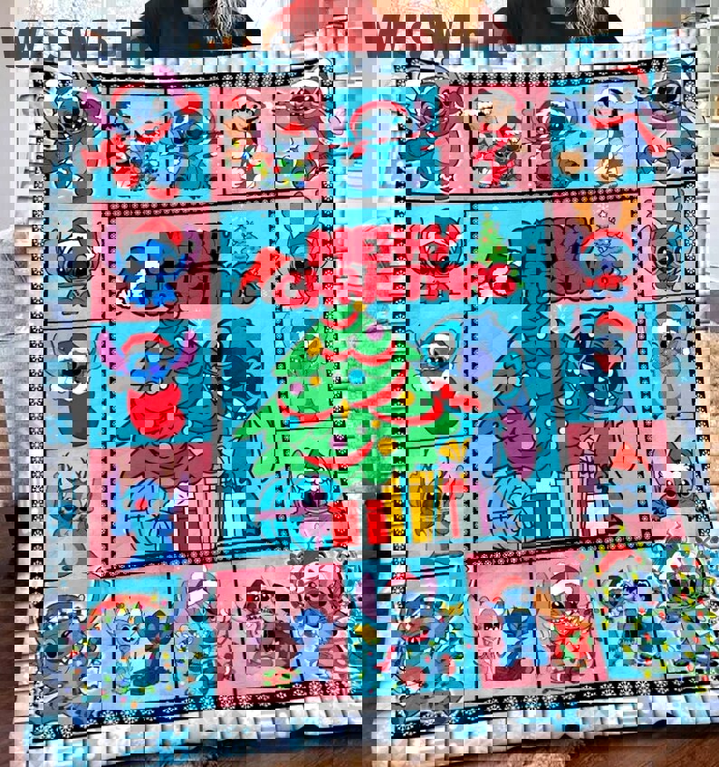 Stitch christmas blanket, stitch fleece blanket, stitch and angel couch sofa blanket, stitch birthday gift, christmas gifts Quilt Blanket
