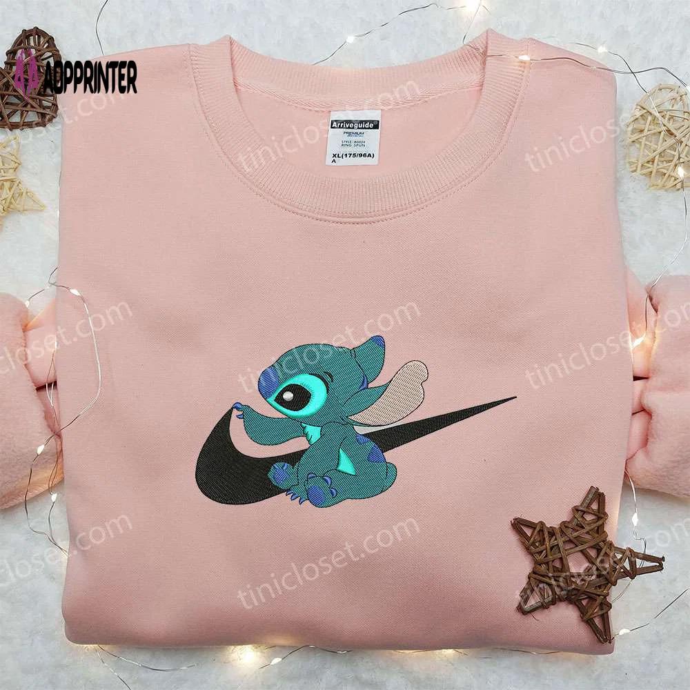 Stitch x nike swoosh sweatshirt: lilo and stitch cartoon embroidered shirt nike inspired Embroidered Shirt
