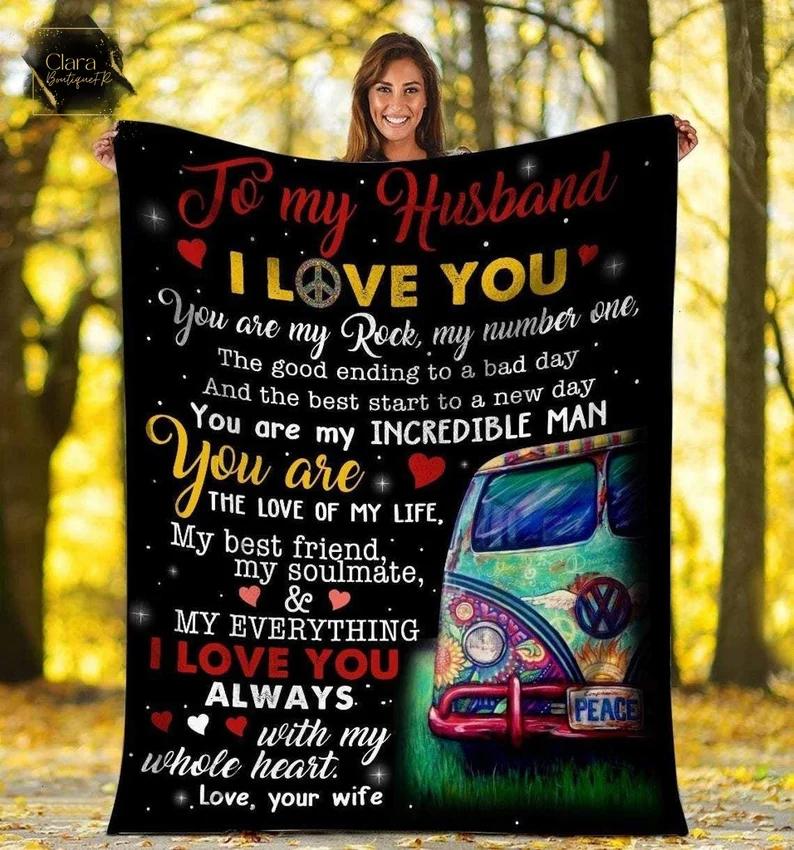 To my husband i love you hippie van car fleece blanket, mink sherpa blanket, gift for husband, hippie van quilt, hippie blanket Quilt Blanket