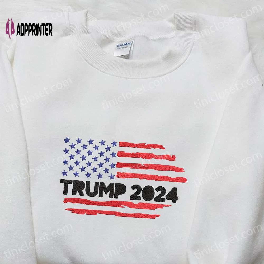 Trump 2024 us flag embroidered t-shirt sweatshirt & hoodie – hot political topics apparel Embroidered Shirt