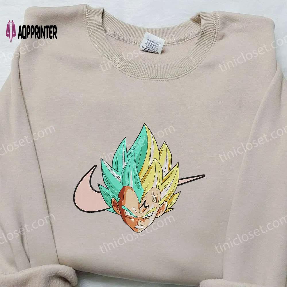 Vegeta head x nike swoosh anime hoodie & dragon ball embroidered shirt nike inspired apparel Embroidered Shirt