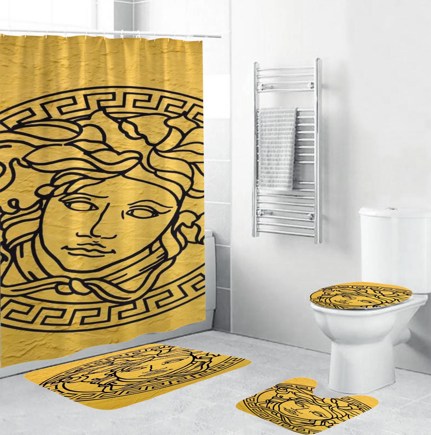 Versace big medusain golden background hypebeast bathroom sets luxury fashion brand bath mat home decor Bathroom Set