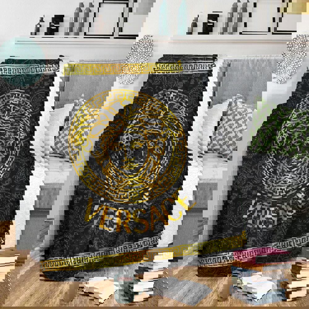 Versace black fashion luxury brand premium blanket fleece home decor 118 Blanket Fleece