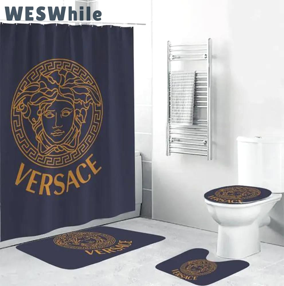 Versace blue fashion bathroom set luxury shower curtain bath rug mat home decor Bathroom Set