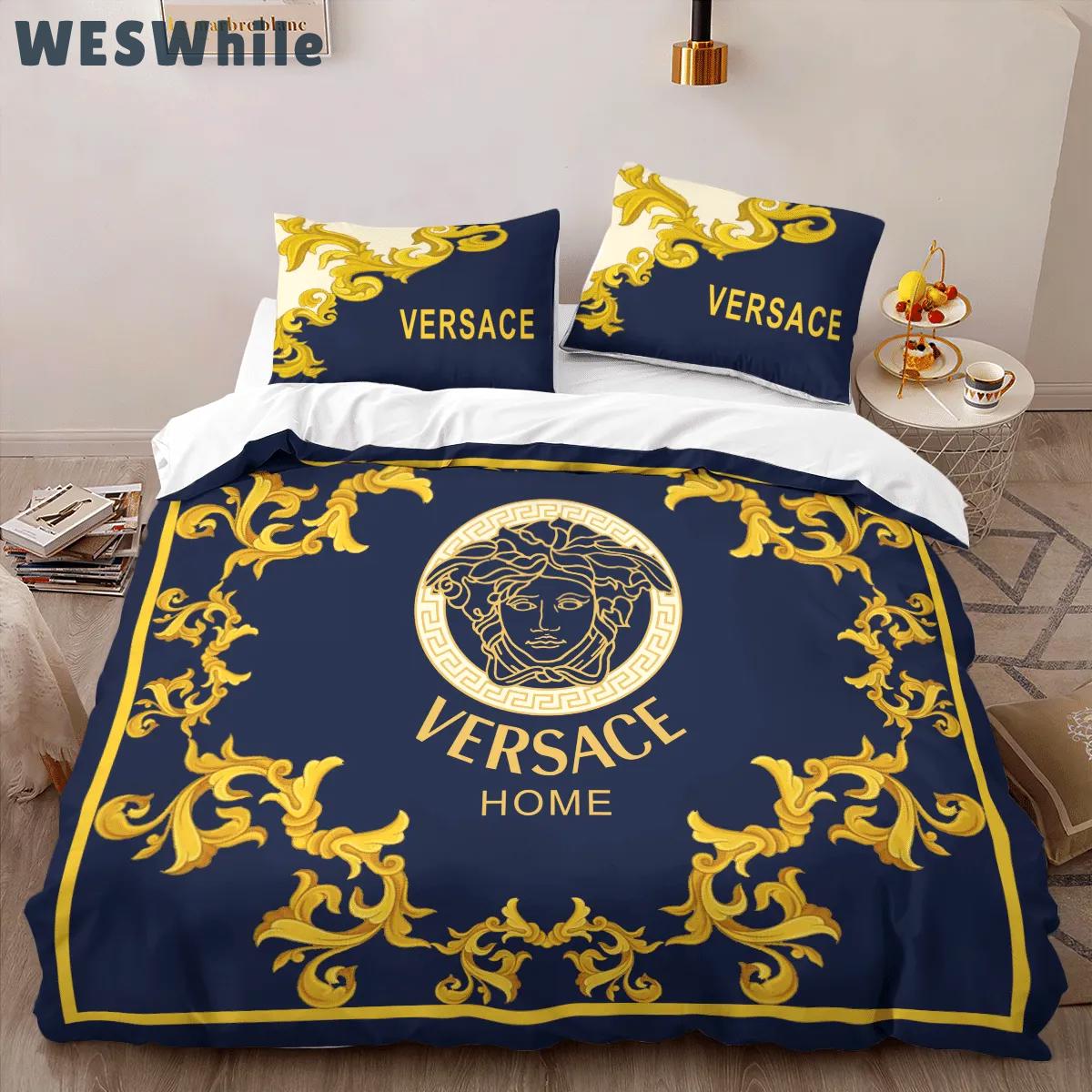 Versace blue limited edition luxury brand high-end bedding sets, bedroom decor , thanksgiving decorations for home best luxury bed sets gift thankgivings and christmas Bedding Sets