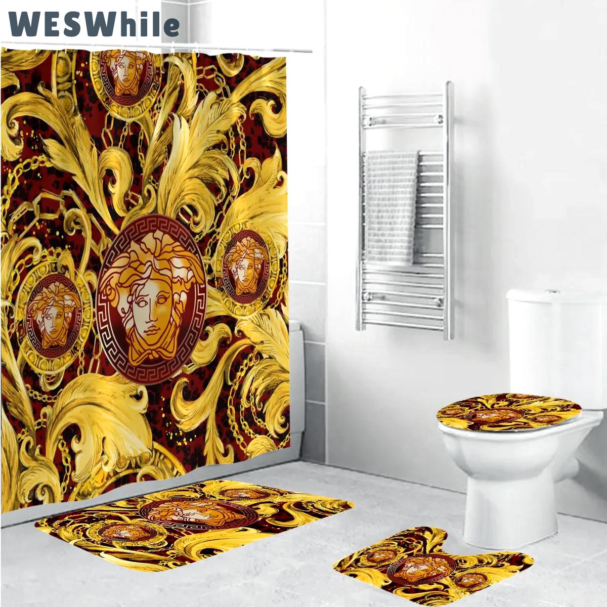 Versace golden bathroom sets luxury fashion brand home decor bath mat hypebeast Bathroom Set