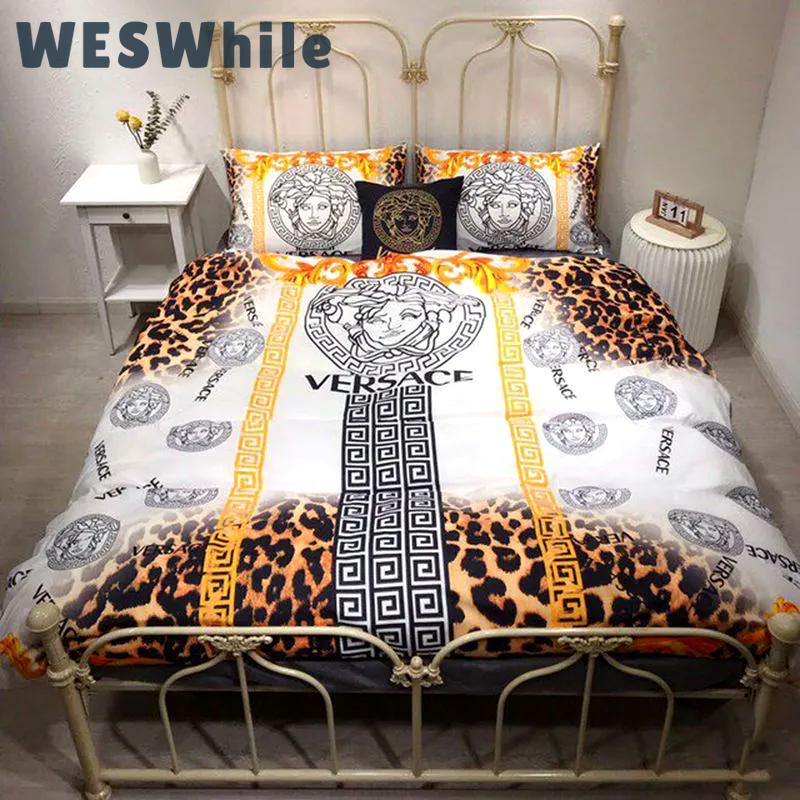 Versace logo leopard luxury brand bedding sets bedspread duvet cover set, bedroom decor , thanksgiving decorations for home  best luxury bed sets gift thankgivings and christmas Bedding Sets