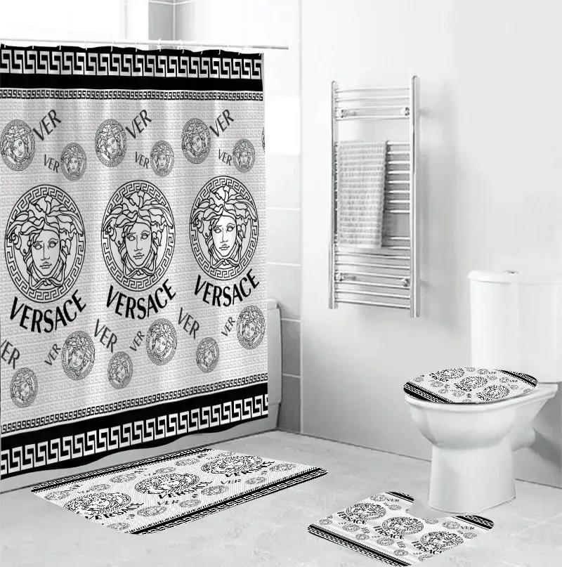 Versace medusa white black logo type 1201 Bathroom Accessory Sets Luxury Fashion Brand Bathroom Sets Bath Mat Set Pedestal Rug Toilet Cover Home Decor Hypebeast Bathroom Waterproof Shower Curtain