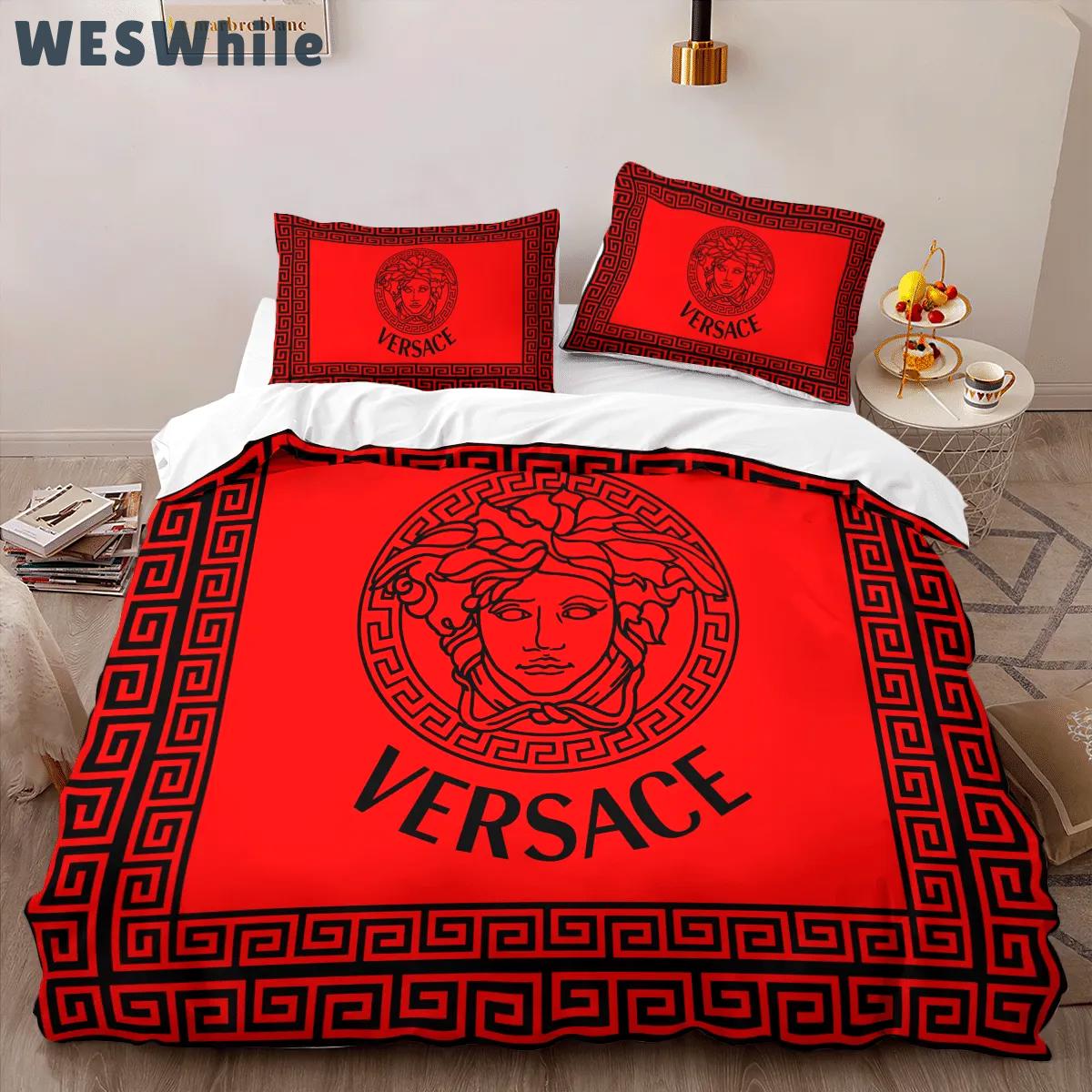 Versace red logo limited edition luxury brand high-end bedding sets lv, bedroom decor , thanksgiving decorations for home best luxury bed sets gift thankgivings and christmas Bedding Sets