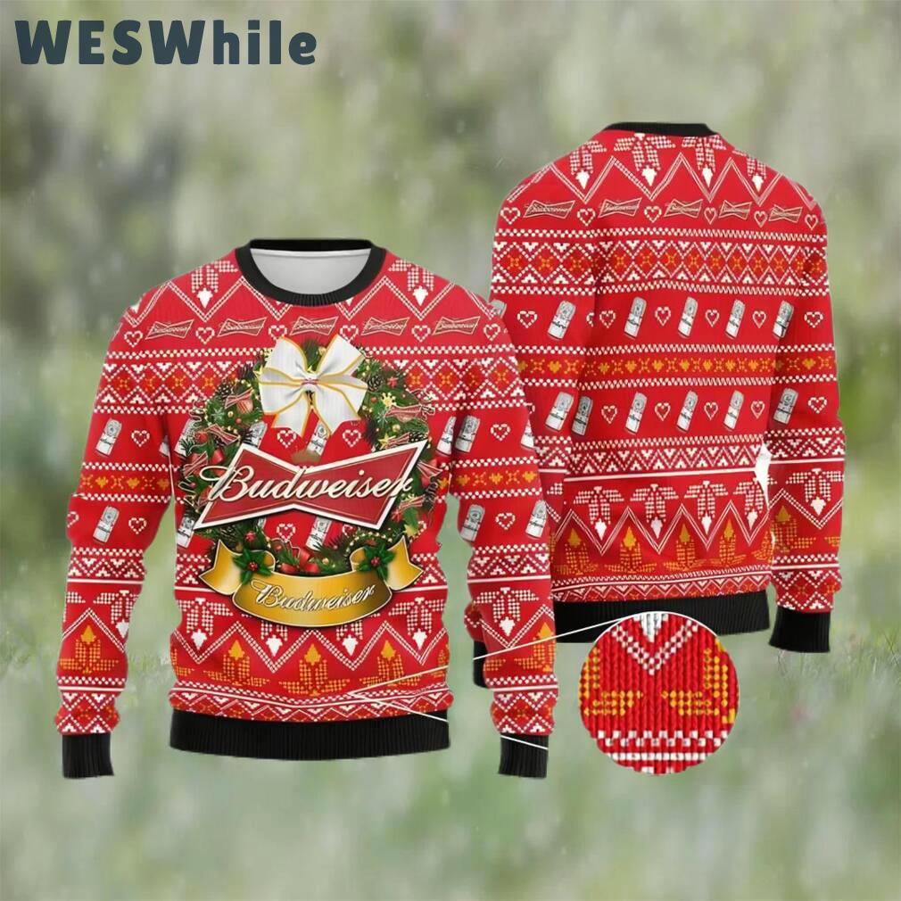 Wreath budweiser beer ugly christmas sweater, faux wool sweater, gifts for beer lovers, international beer day, best christmas gifts for 2022 ? prinvity Christmas Ugly Sweater