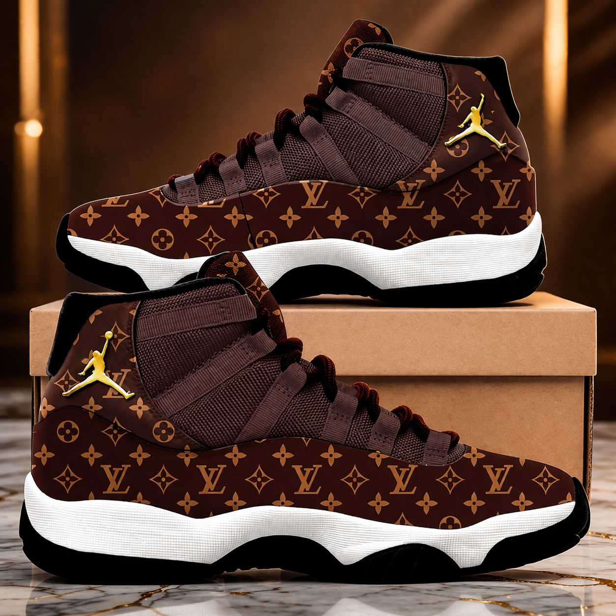 Brown Monogram Custom Sneakers – LV Style Jordan 11 Inspired – Trendy Luxury Streetwear Shoes