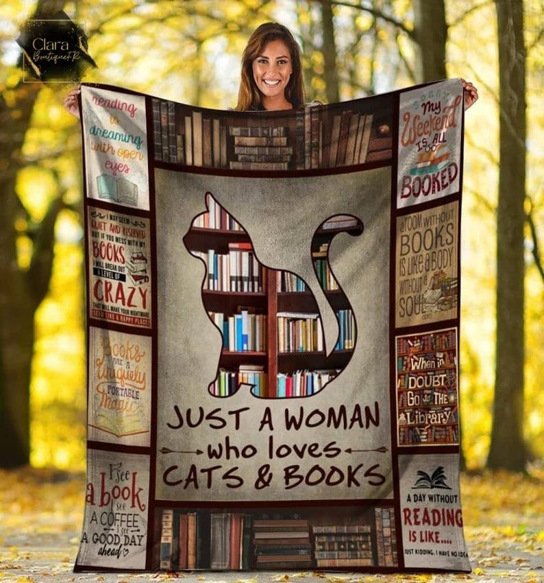 A woman who loves cats and books fleece blanket, mink sherpa blanket, reading lover gift, book blanket, cat and book quilt Quilt Blanket