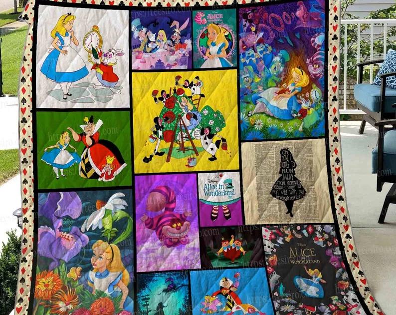 Alice in wonderland fleece blanket, alice cheshire cat blanket, alice in wonderland characters blanket, christmas gift, birthday gift Quilt Blanket