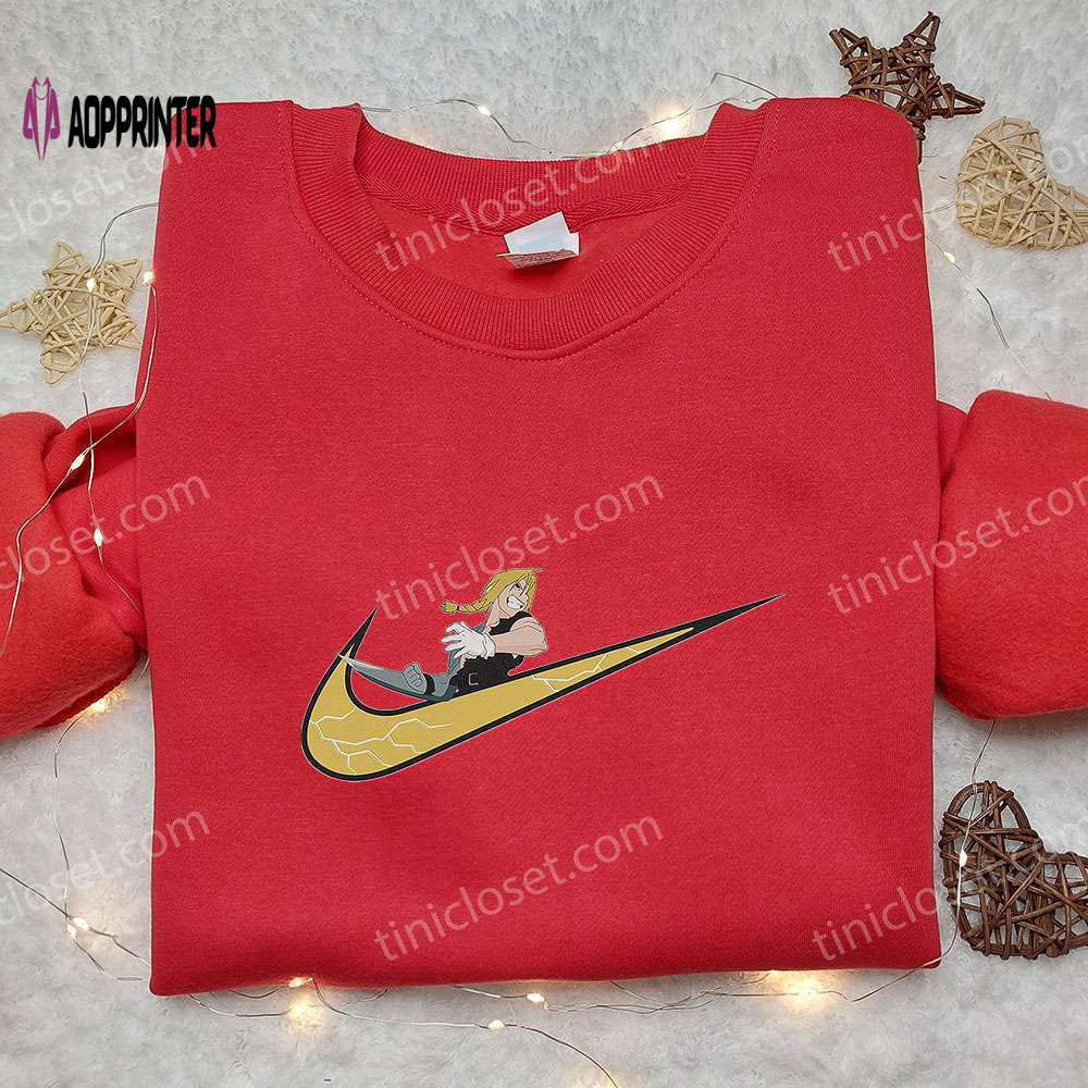 Anime embroidered hoodie: edward elric x nike swoosh fullmetal alchemist & nike inspired shirt Embroidered Shirt
