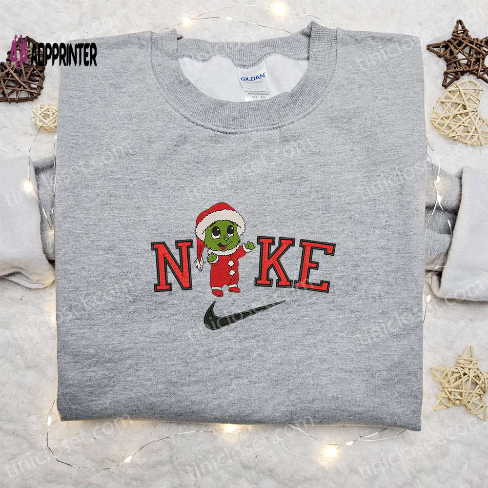 Baby grinch santa x nike embroidered sweatshirt – festive movie christmas shirt perfect gift idea Embroidered Shirt