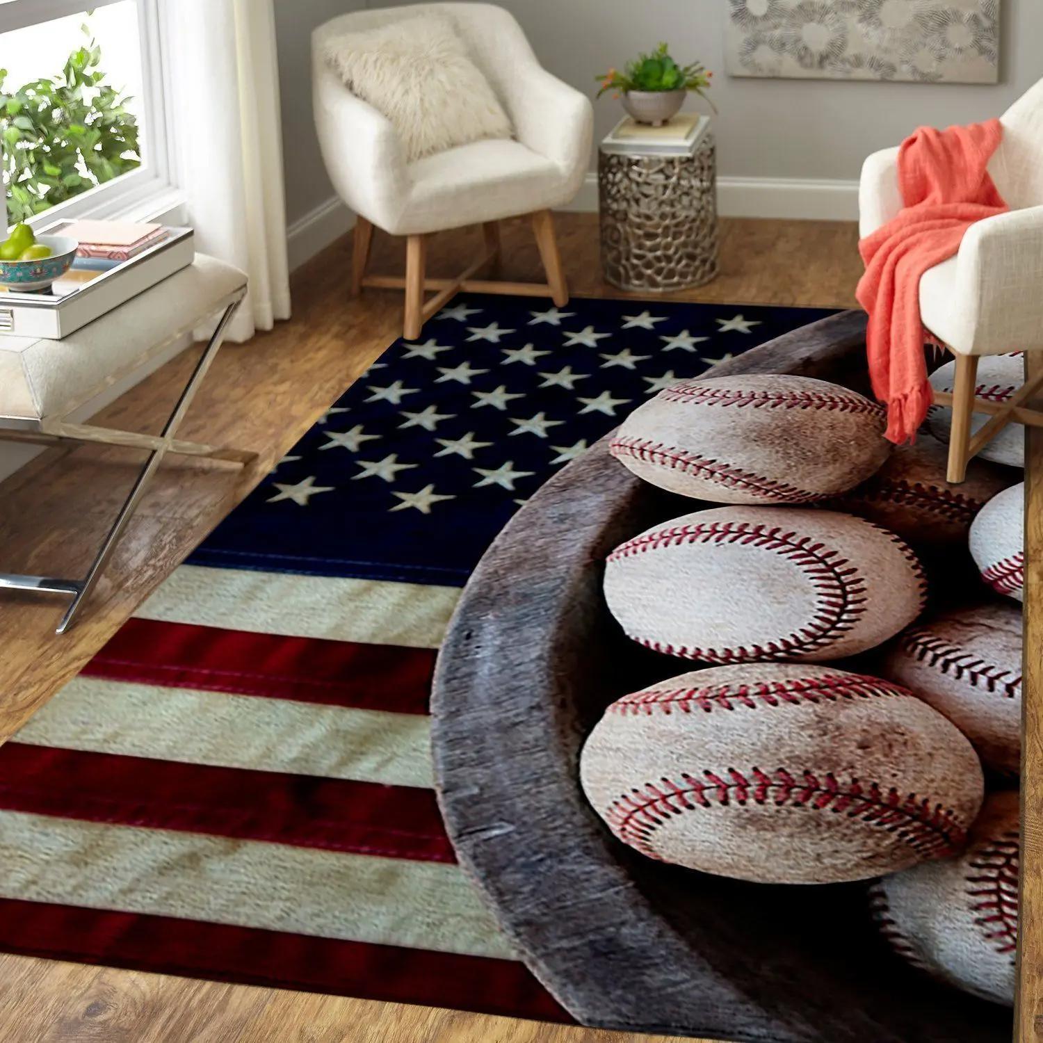 Baseball ball on american flag area rug rug regtangle carpet floor decor home decor Rectangle Rug