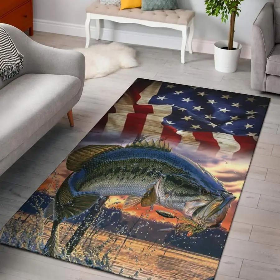 Bass fish american flag area rug living room rug home decor carpets Rectangle Rug