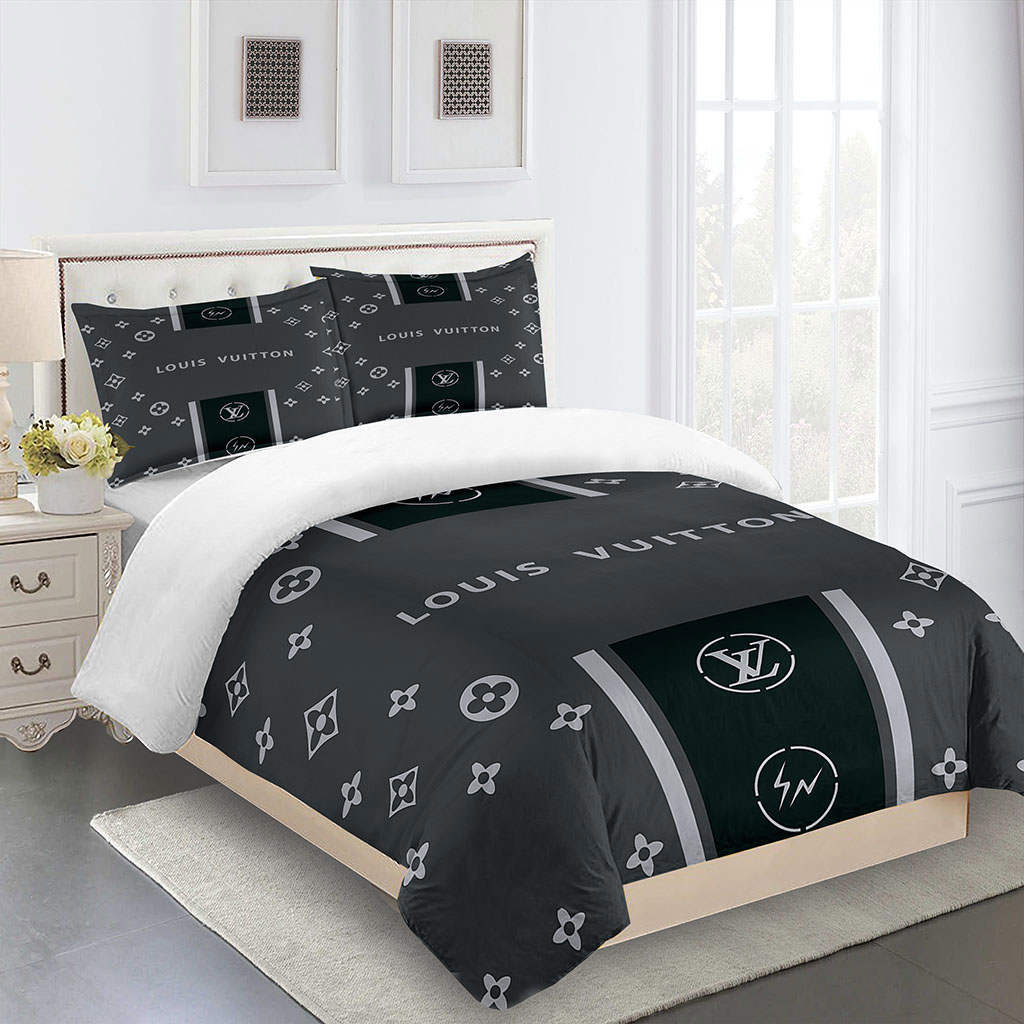 Beautiful gray black louis vuitton logo type 2250 Bedding Sets covers blankets premium fashion brand bed linen luxury ideas duvet home decor hyperbeast Bedroom bedclothes sheets bedspread