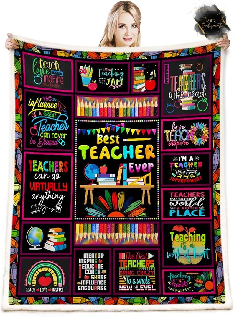 Best teacher ever teacher appreciation gift fleece blanket, mink sherpa blanket, best teacher blanket, teacher quilt, teacher’s day gift Quilt Blanket