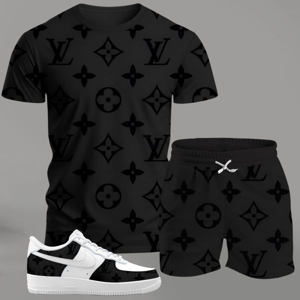 Black monogram streetwear set for men, minimalist all-over pattern t-shirt and shorts combo with white sneakers T-Shirt Short Sneakers Set