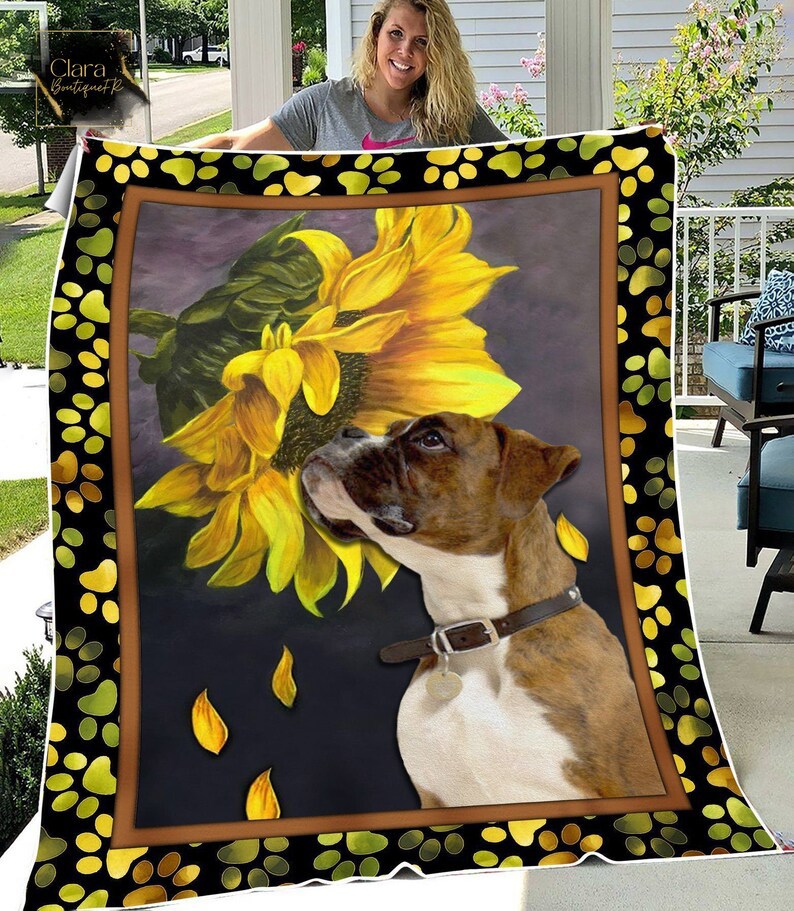 Boxer sunflower and boxer cute dogs smelling flower fleece blanket, mink sherpa blanket, dog lover gift, boxer blanket Quilt Blanket