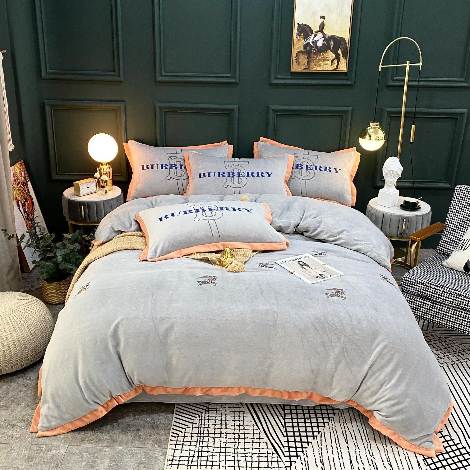 Burberry grey fashion new bedding sets quilt sets duvet cover luxury brand bedding decor bedroom sets best luxury bed sets gift thankgivings and christmas Bedding Sets