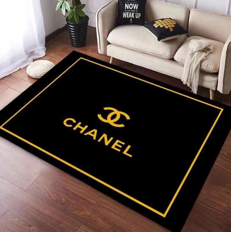 Chanel black logo type 1041. Upgrade Your Living Room with Luxury Home Decor: Area Carpets, Floor Decor, Door Mats, and Hot Gift Items with style a High-End Fashion Brand Rectangle Rug