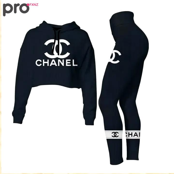 Chanel black luxury brand clothes leggings and crop top set for women