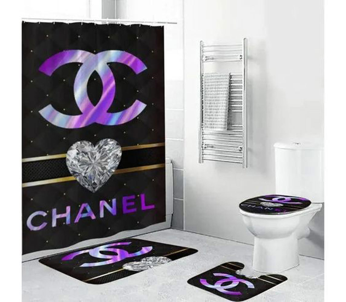 Chanel diamond logo type 2009 Bathroom Accessory Sets Waterproof Shower Curtain Luxury Fashion Brand Bathroom Sets Bath Mat Set Pedestal Rug Toilet Cover Hypebeast Bathroom Home Decor