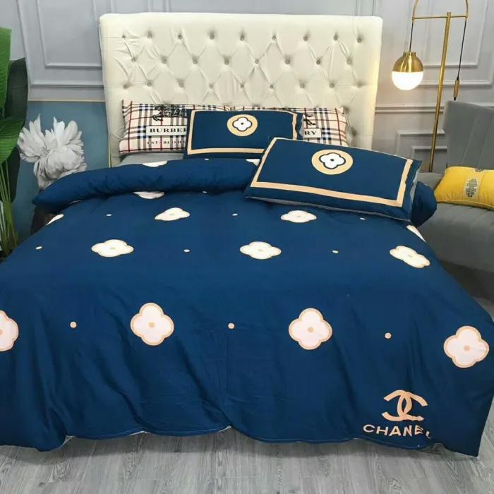 Chanel flower blue printed bedding sets quilt sets duvet cover luxury brand bedding decor bedroom sets best luxury bed sets gift thankgivings and christmas Bedding Sets