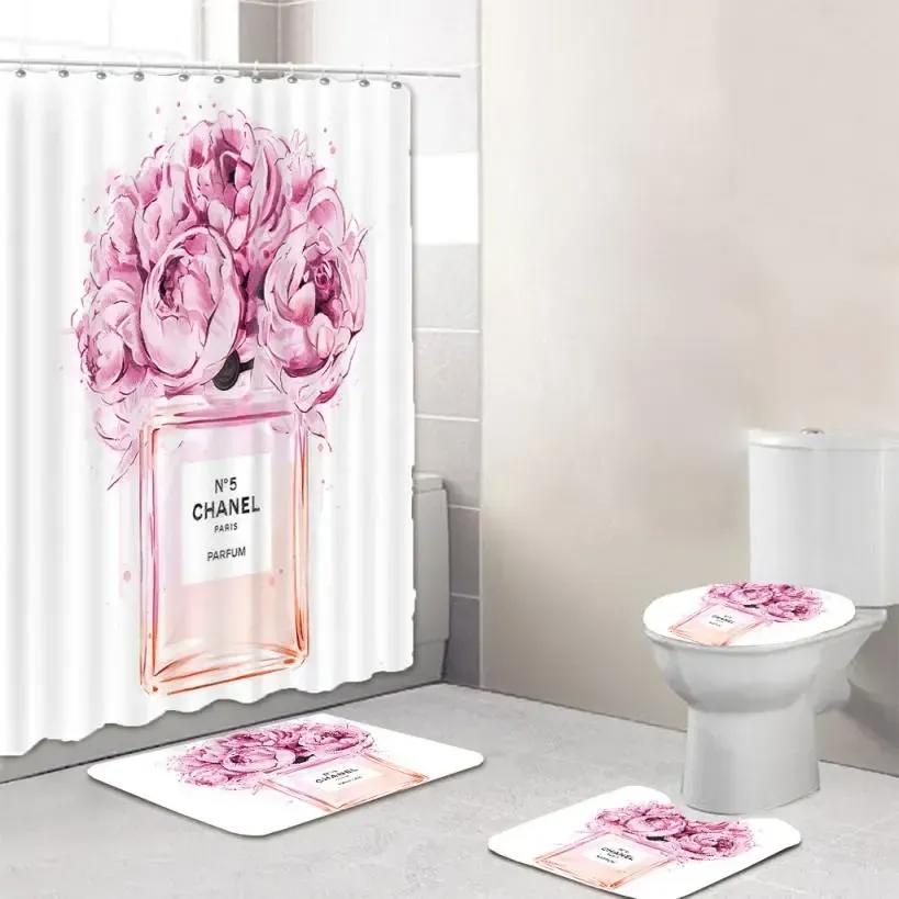 Chanel logo type 518 Bathroom Accessory Sets Toilet Cover Pedestal Rug Bath Mat Set Home Decor Waterproof Shower Curtain Luxury Fashion Brand Hypebeast Bathroom Bathroom Sets