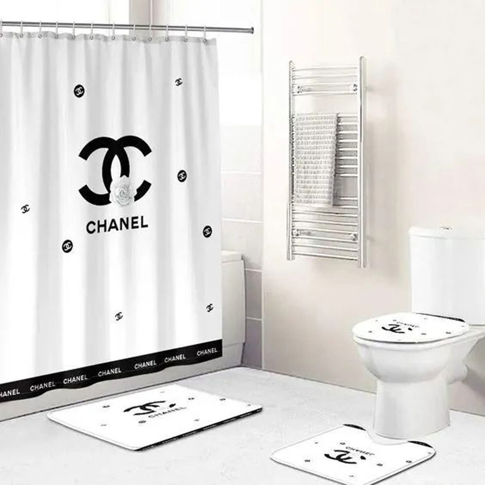 Chanel white logo type 1752 Bathroom Accessory Sets Waterproof Shower Curtain Bathroom Sets Hypebeast Bathroom Toilet Cover Home Decor Bath Mat Set Luxury Fashion Brand Pedestal Rug