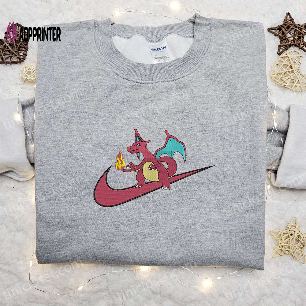 Charizard x nike anime sweatshirt pokemon & nike inspired embroidered shirt Embroidered Shirt