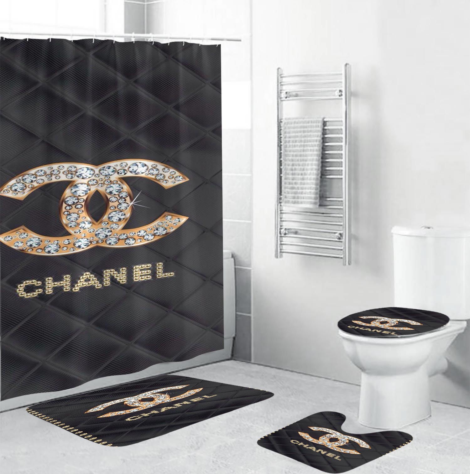 Coco chanel golden logo with full of diamonds in argyle background bathroom set shower curtain Bathroom Set