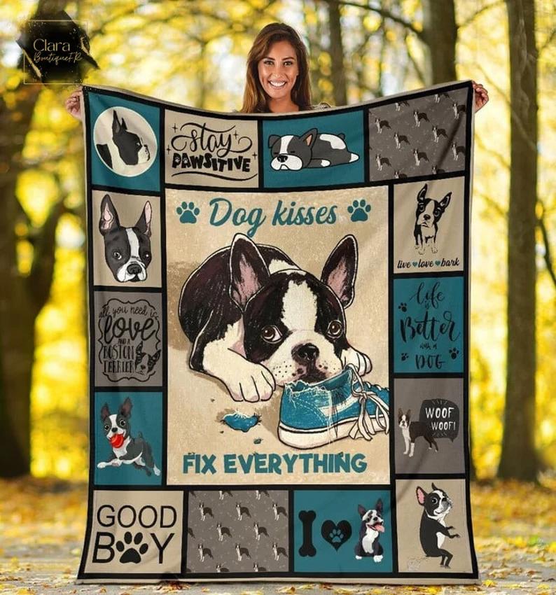 Dog kisses fix everything boston terrier dog fleece blanket, mink sherpa blanket, terrier dog blanket, boston terrier dog blanket Quilt Blanket