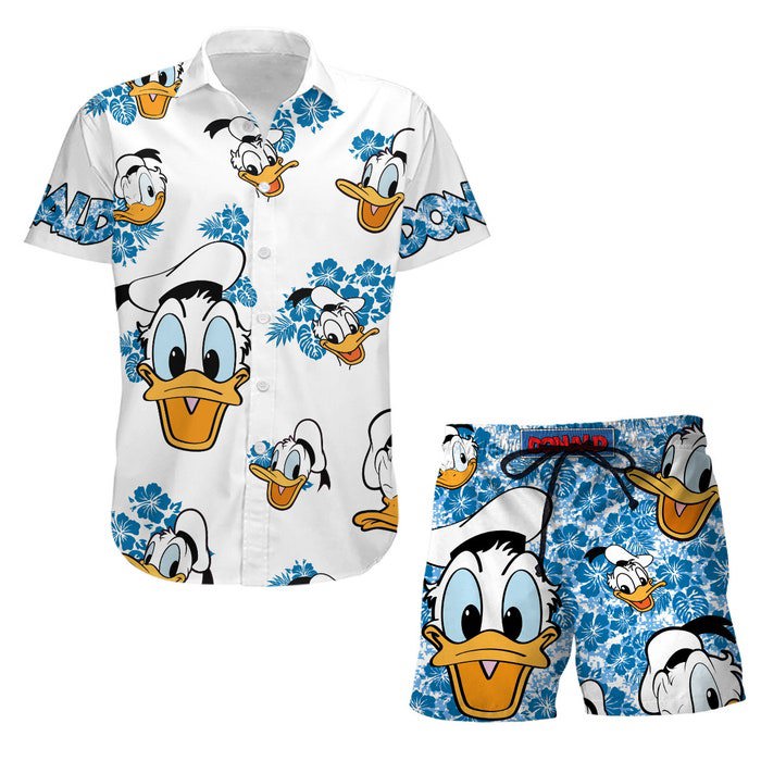 Donald duck hibiscus summer tropical print disney hawaiian button down shirt shorts set unisex outfits Hawaii Shirt Shorts & Flip Flops