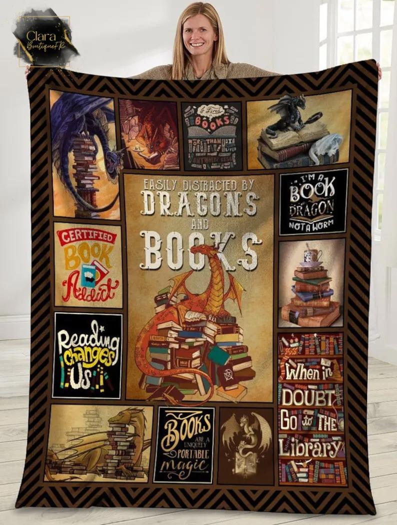 Easily distracted by dragons and books book dragon fleece blanket, mink sherpa blanket, reading lover gift, book blanket, dragon blanket Quilt Blanket