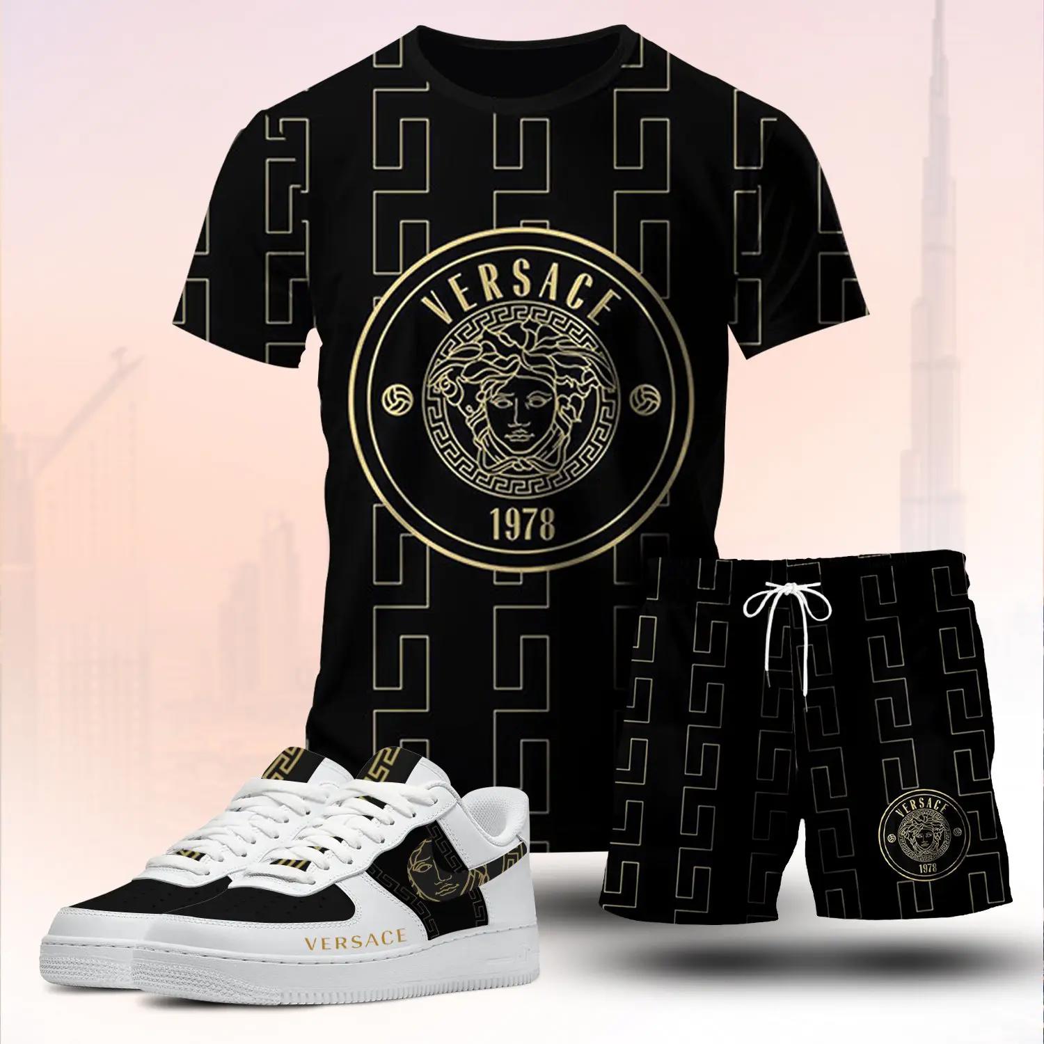 For the girls who love bold luxury streetwear, versace graphic tee set – black gold casual outfit with clean aesthetic T-Shirt Short Sneakers Set