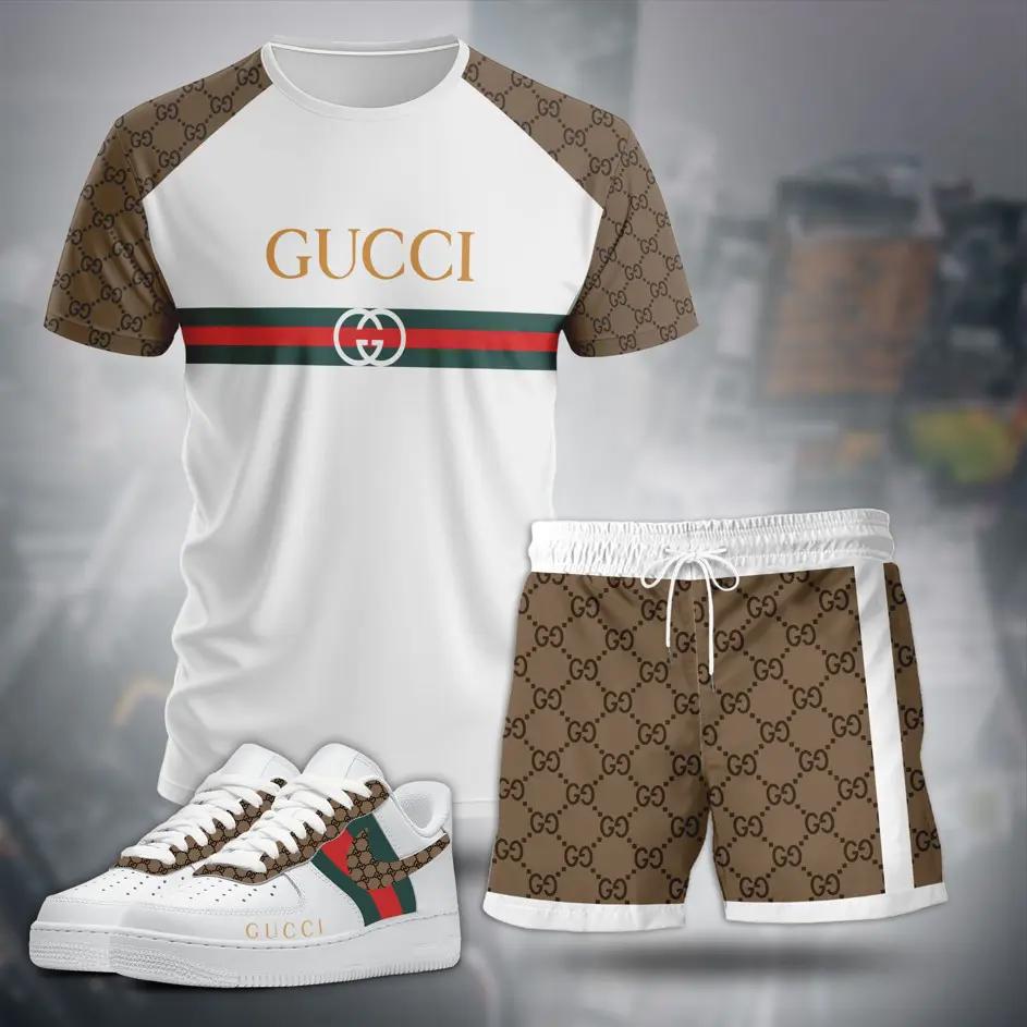 For the girls who love neutral sporty balance, minimal logo stripe tee outfit t-shirt – white with beige monogram sleeves | casual everyday outfit aesthetic ideas T-Shirt Short Sneakers Set