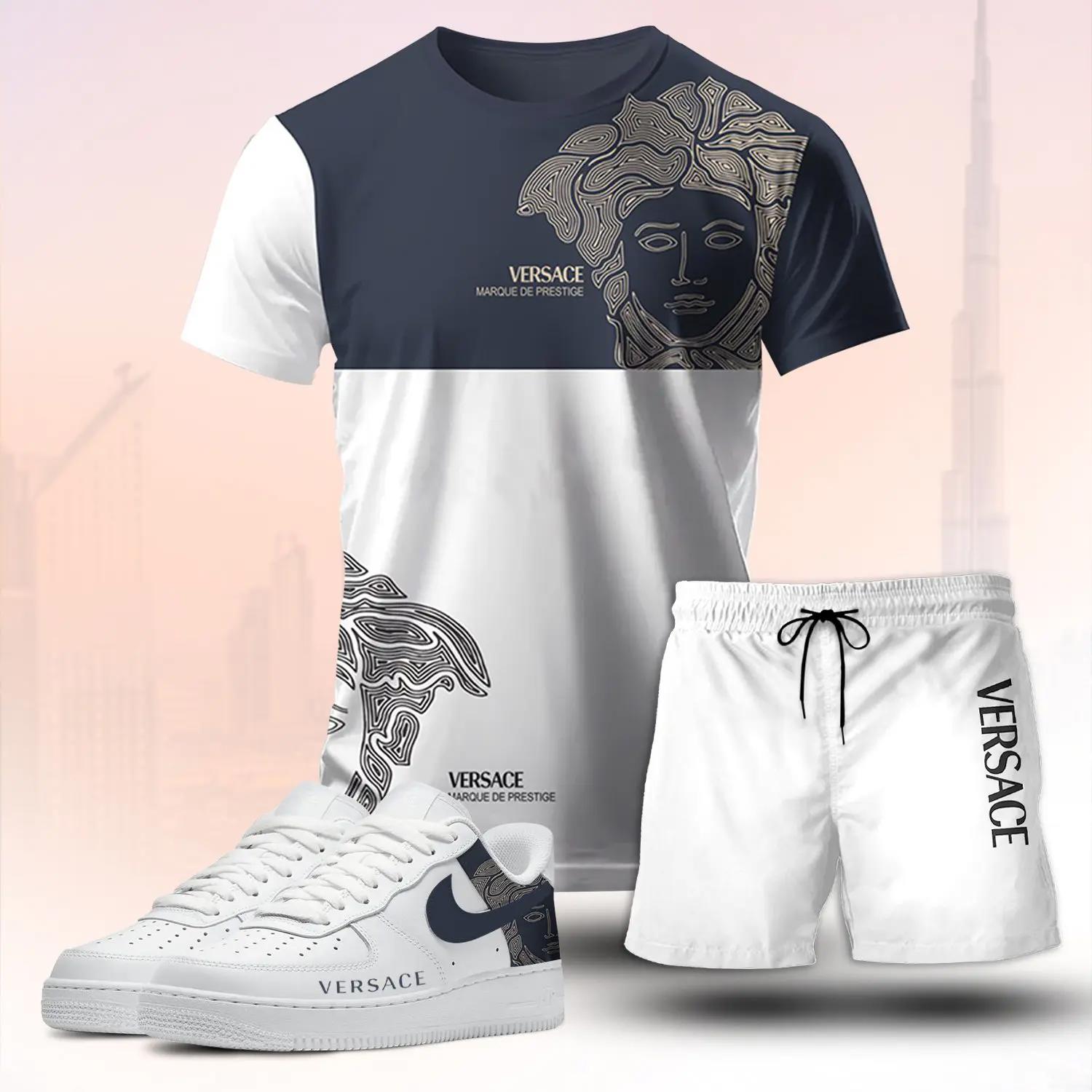 For the girls who love quiet luxury style, versace graphic tee set – navy white casual everyday outfit ideas T-Shirt Short Sneakers Set