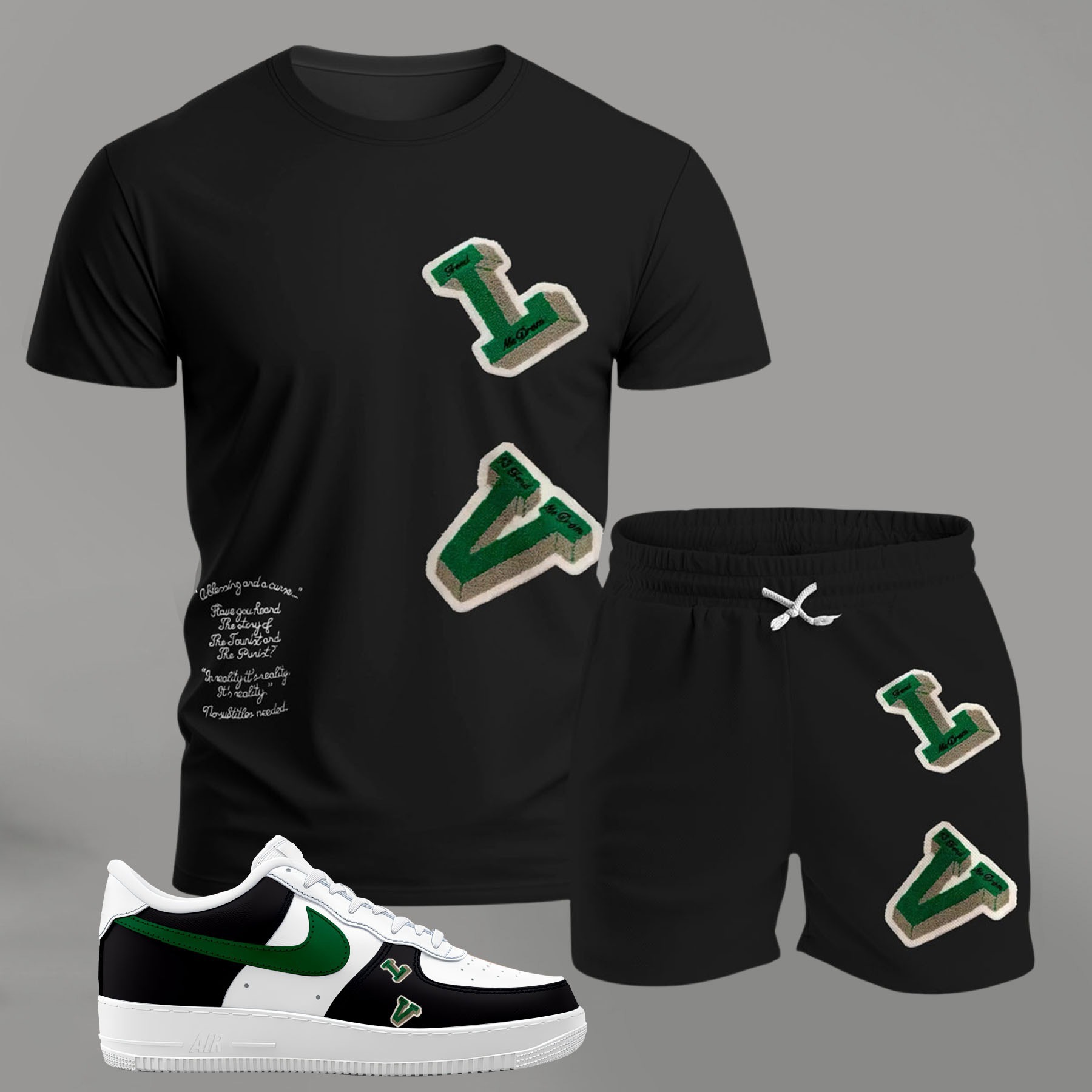 For the girls who love sporty minimal edge, graphic letter patch tee outfit t-shirt – black with green accents | casual everyday outfit aesthetic ideas T-Shirt Short Sneakers Set