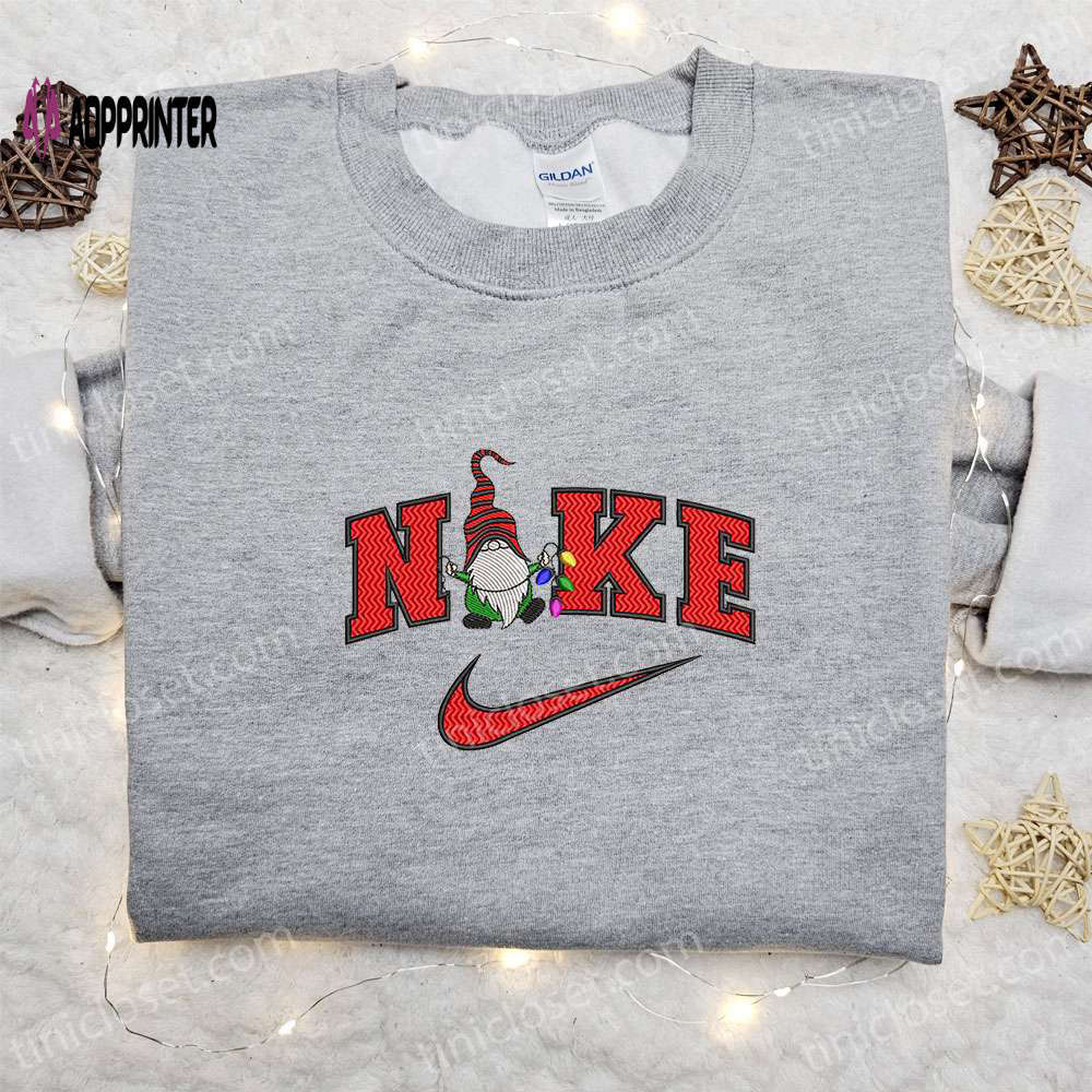 Gnome christmas x nike embroidered sweatshirt: best festive gift idea nike inspired shirt Embroidered Shirt