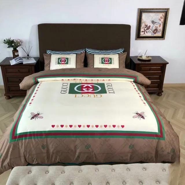 Gucci bee heart luxury brand bedding sets bedspread duvet cover set, bedroom decor , thanksgiving decorations for home best luxury bed sets gift thankgivings and christmas Bedding Sets