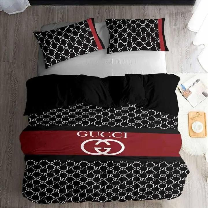 Gucci black dots logo 3d printed bedding sets quilt sets duvet cover luxury brand bedding decor bedroom sets best luxury bed sets gift thankgivings and christmas Bedding Sets